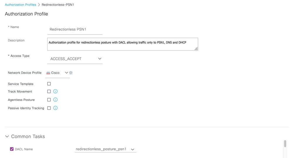 Authorization Profile with DACL for Single PSN