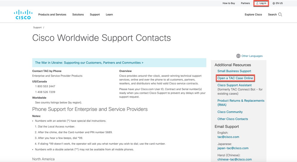 Cisco WorldWide Support Contacts