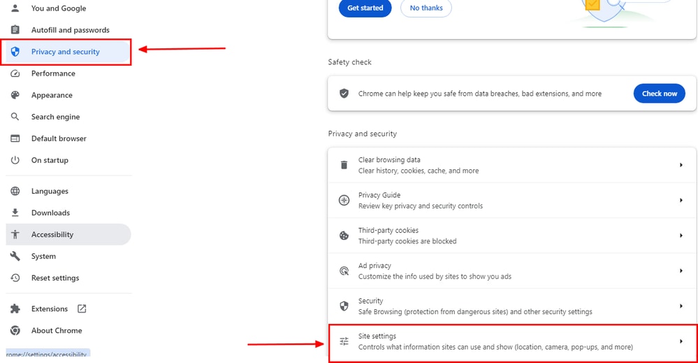 Google Chrome - site settings