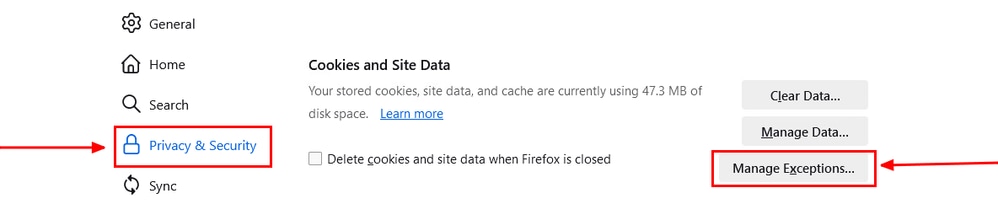 Mozilla Firefox - Manage Exceptions