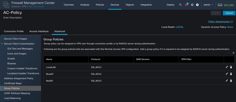 FMC showing the Group Policy section on the Remote Access policy