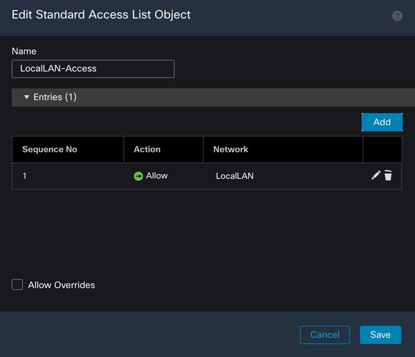 Standard Access List Object with Network Object Selected