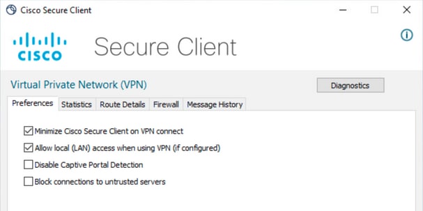 Cisco Secure Client Preferences Menu