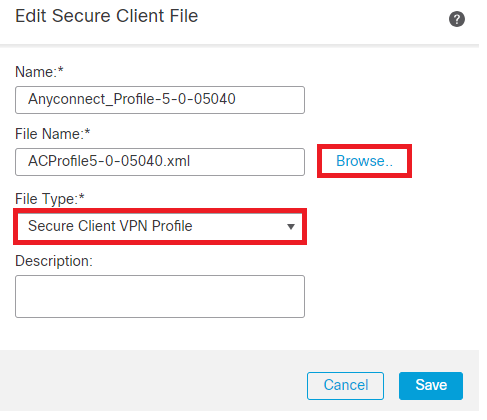 Aggiungi profilo VPN client sicuro