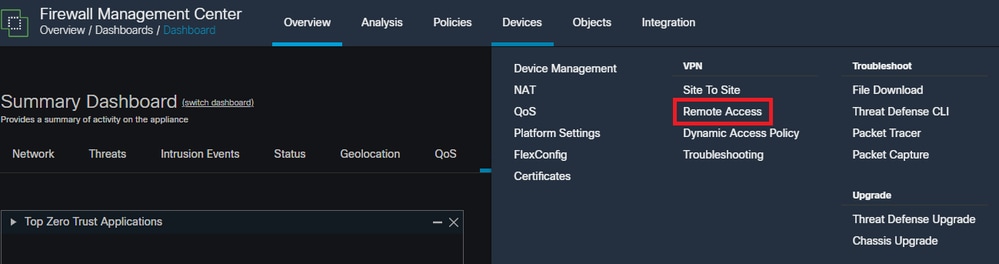 が、リモートアクセスVPNポリシー設定に移動するためにFMC GUIをナビゲートしていることを示します。