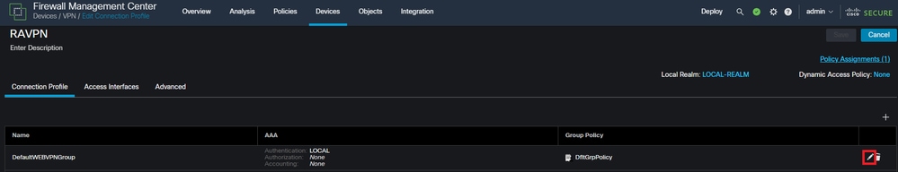 FMC UI内でDefaultWEBVPNGroupを編集する方法を表示します。