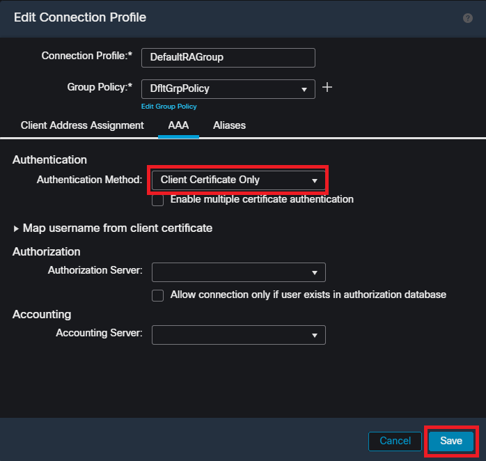 FMC UI内のDefaultRAGroupに対してだけ、認証方式をクライアント証明書に変更します。