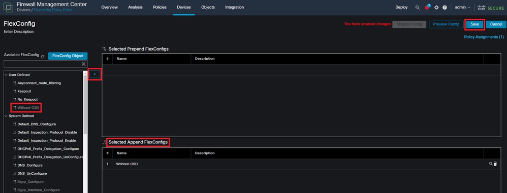 Associez l'objet FlexConfig à la stratégie FlexConfig.