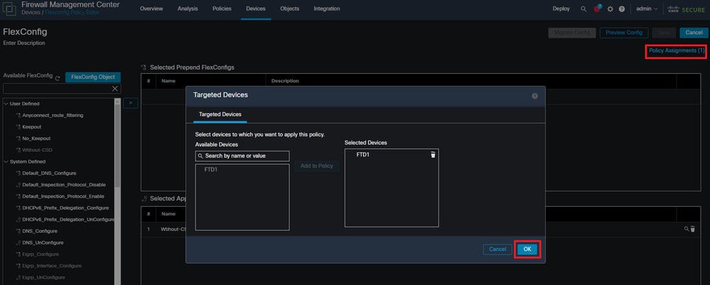 Atribua a política FlexConfig a um dispositivo FirePOWER.