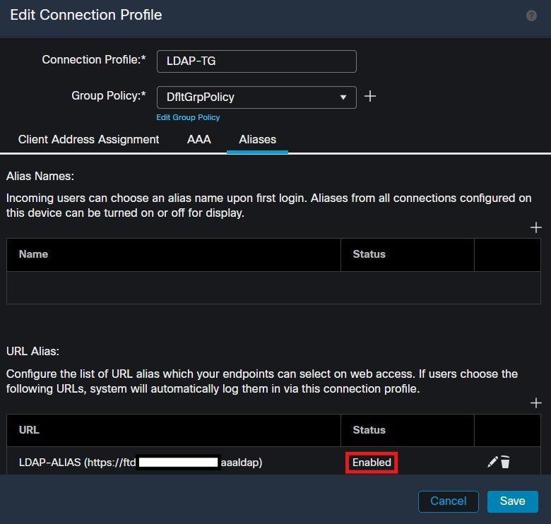 Enabling the URL-Alias option for a tunnel-group within the FMC UI.