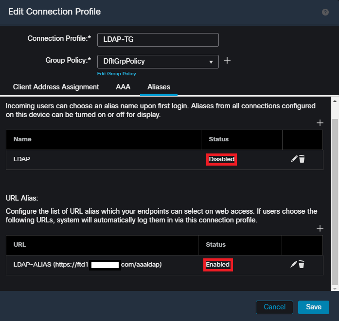 FMCのUIでトンネルグループのURLエイリアスオプションを有効にする