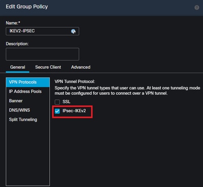 Activez IPsec IKEv2 dans une stratégie de groupe dans l'interface utilisateur FMC.