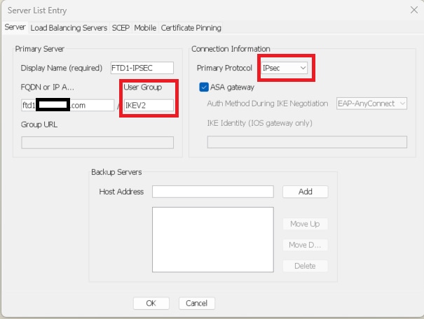 Edite el perfil XML de modo que el protocolo principal sea IPsec y el grupo de usuarios coincida con el nombre del perfil de conexión.