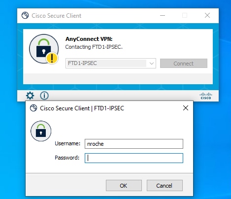 Sichere Client-UI-Ansicht des IPsec IKEv2 RAVPN-Verbindungsversuchs.