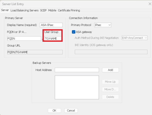 將主協定更改為IPsec。使用者組名稱與ASA for IPsec IKEv2的隧道組名稱匹配。