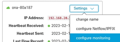 Settings drop-down highlighting configure monitoring