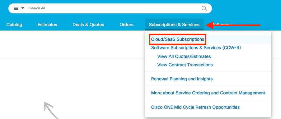 This image shows the Subscriptions and Services tab at Cisco Commerce.