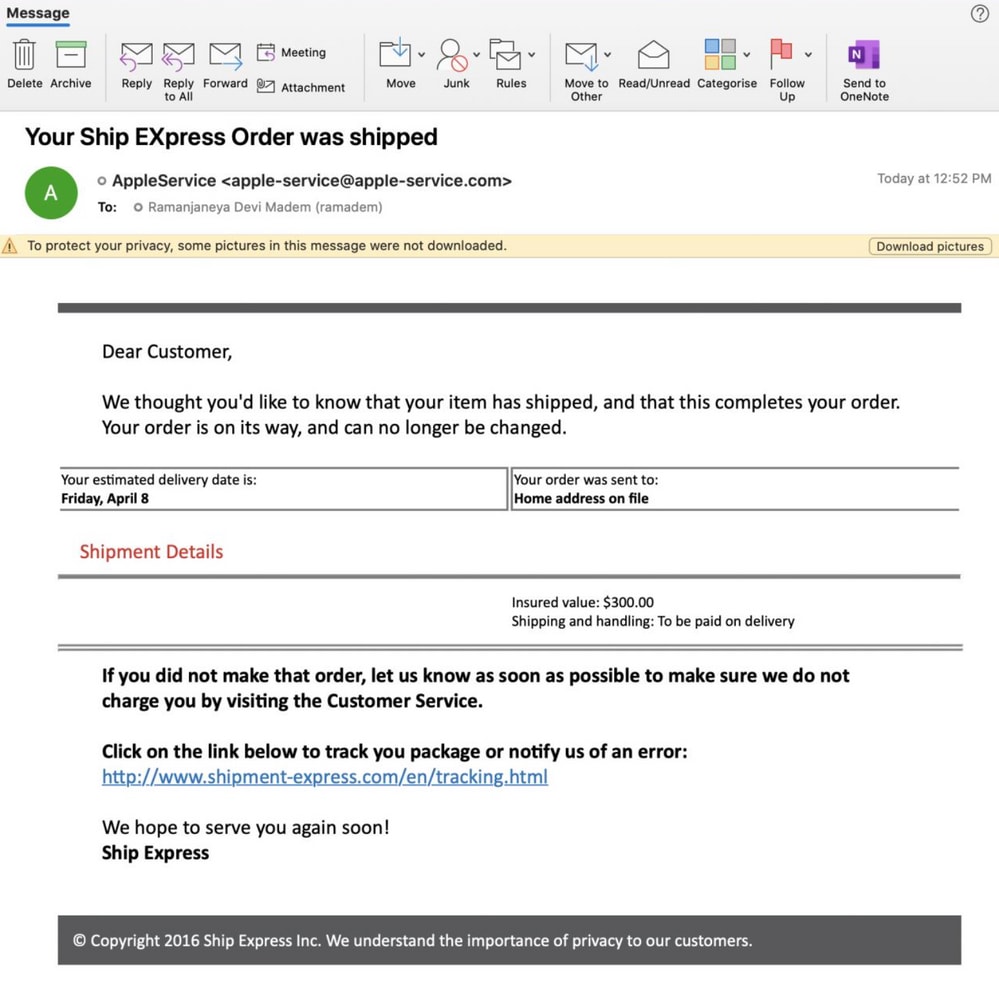 Example of the simulated phish email in a user mailbox