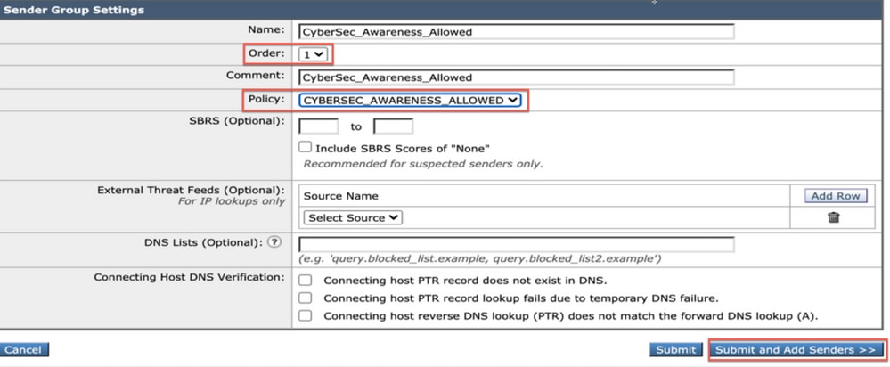 Screenshot of a CyberSec_Awareness_Allowed sender group with the CYBERSEC_AWARENESS_ALLOWED mail flow policy selected