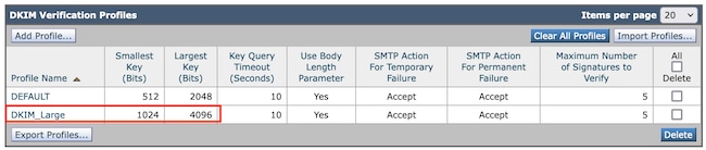 DKIM Verification Profiles Summary Page