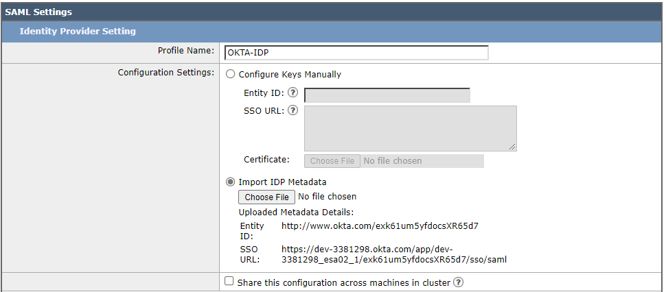 ESA IdP Settings Configuration