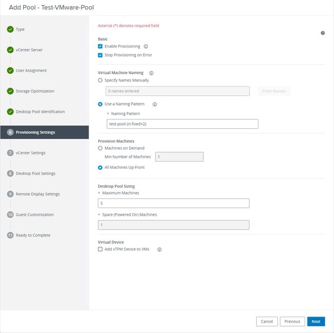 VmWare Horizon - Provisioning Settings