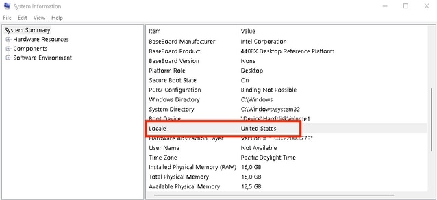 Window of System Information where on System Summary you can find the Locale set as United States