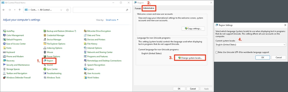 Three windows, Control Panel and Region selected. Once opened, Admin tab to Change system locale button. Current set English.