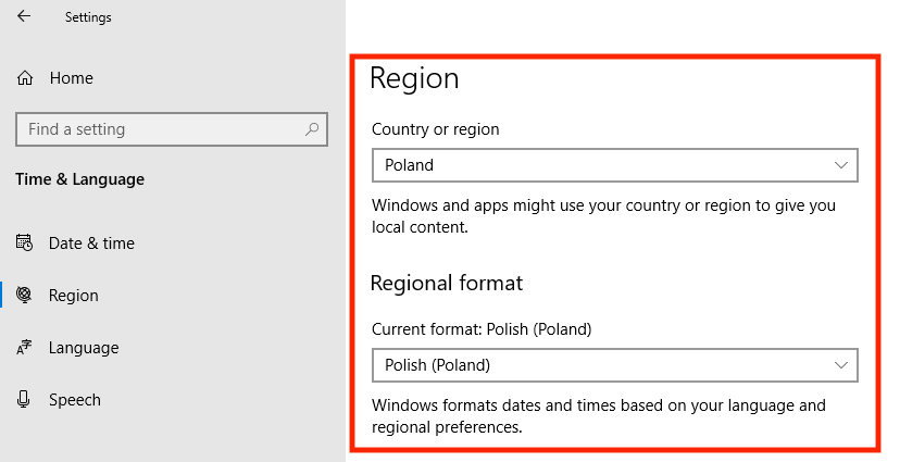 Regional settings in built-in metro app