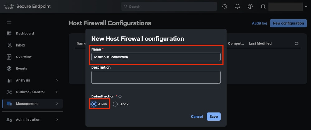 Host Firewall Configuration Name and Default Action