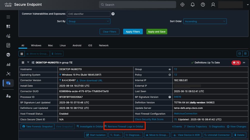 Button to Retrieve Firewall Logs in Orbital