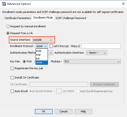 ACME Enrollment ASDM acme protocol. selection