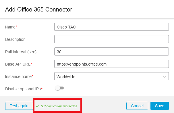 CSDAC Office 365-connectorconfiguratie geslaagd