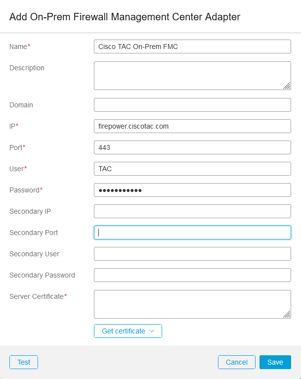 CSDAC Adapters On-Prem Firewall Management Center config