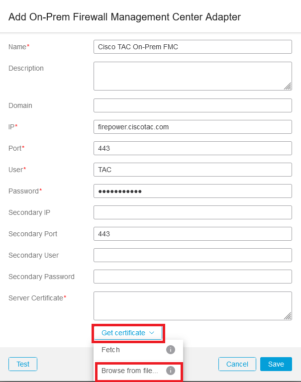 CSDAC Adapters On-Prem Firewall Management Center Server Certificate