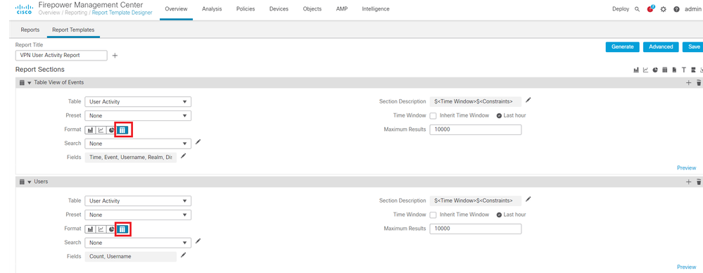 Visualizzazione per tabella come formato di output
