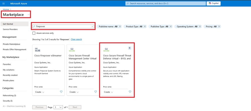 Suchen Sie nach Firepower und wählen Sie Cisco Secure Firewall Threat Defense Virtual - BOYL