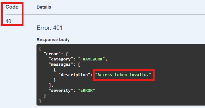 JSON response for invalid access token