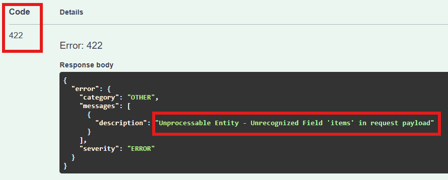 Failed JSON response where object is created in incorrect format