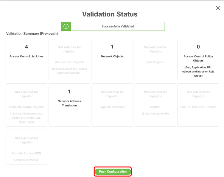 FMT - Validation Succeeded - Push Configuration to FMC