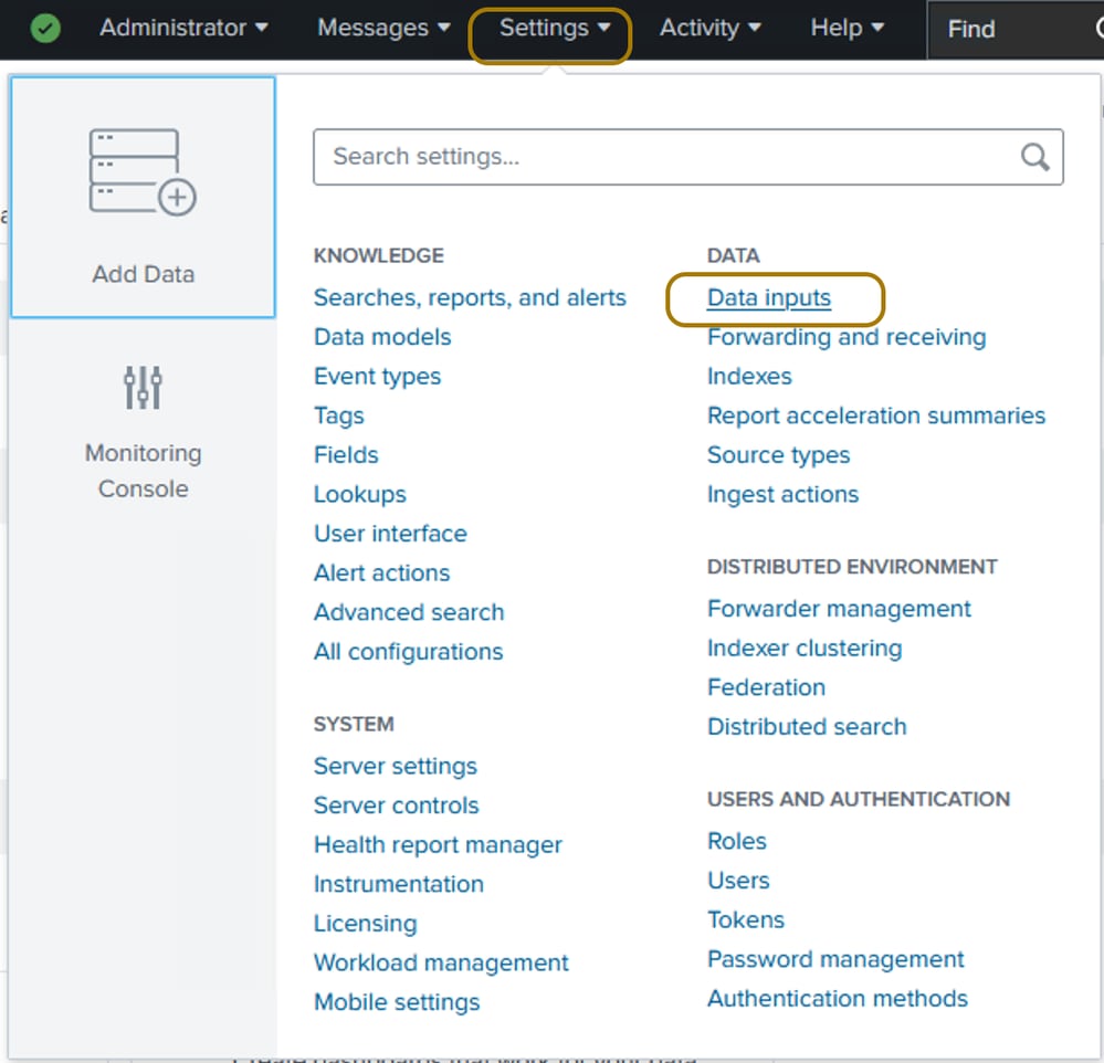Navigate to Data Inputs on Splunk