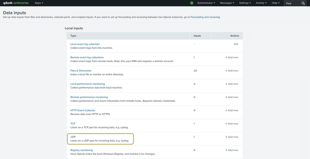 Click 'UDP' for a UDP Data Input