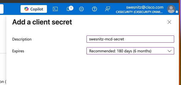 Add a Client Secret and Enter Description and Expires