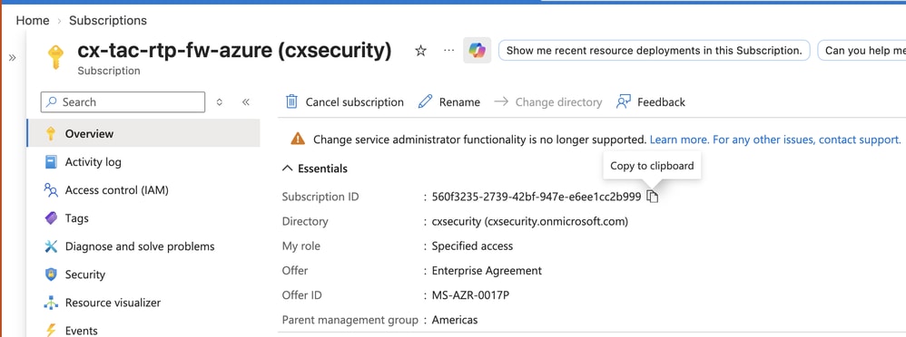 Overview Page for Subscription Appears