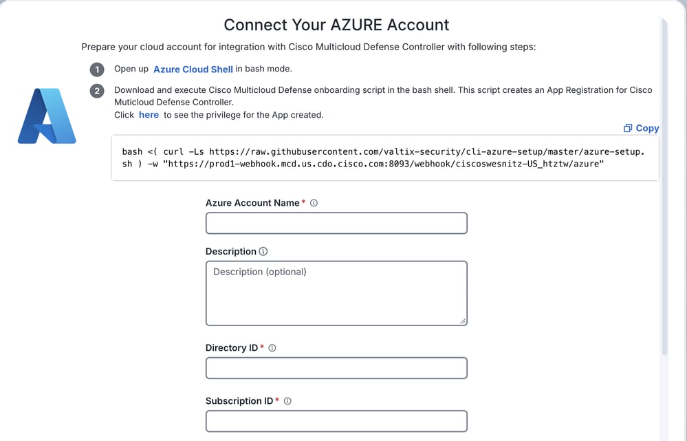 On Connect Your Azure Account enter Azure Account Number, Directory ID, Subscription ID