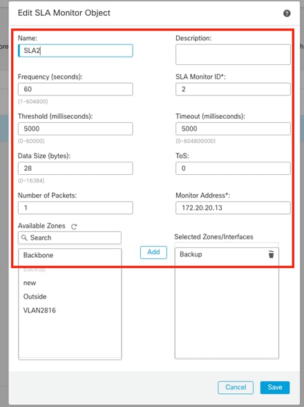 SLA2 Monitor Configuration Window