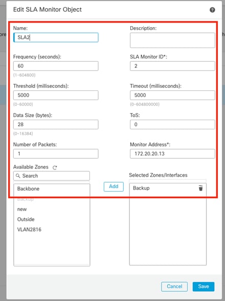 SLA2 Monitor Configuration Window