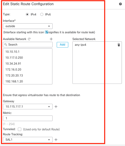 Static Route Configuration Window for the Outside Interface