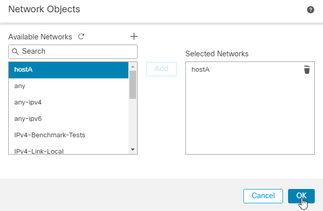 Network Object Added and Selected in Available Networks
