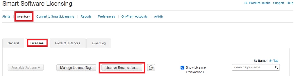 Log In to Your CSSM Account and Navigate to Smart Software Licensing, Inventory, Licenses and Click License Reservation